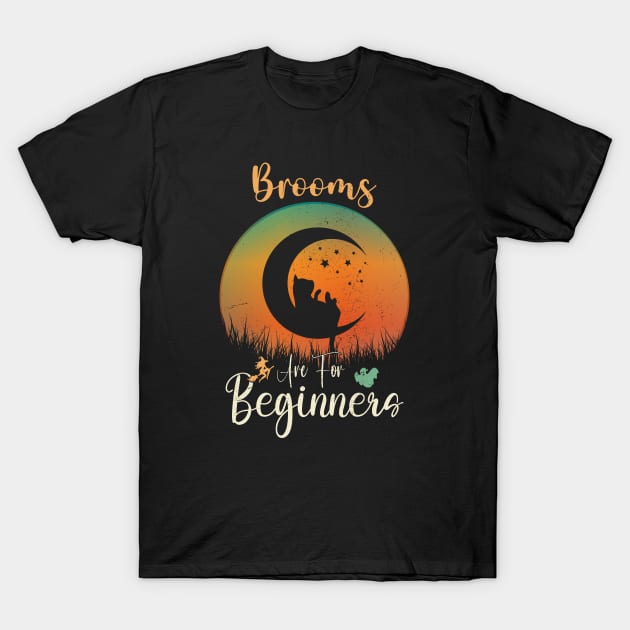 Brooms are for Beginners Funny  Halloween Cat Driving a Moon Instead of Brooms. T-Shirt by Best1ne